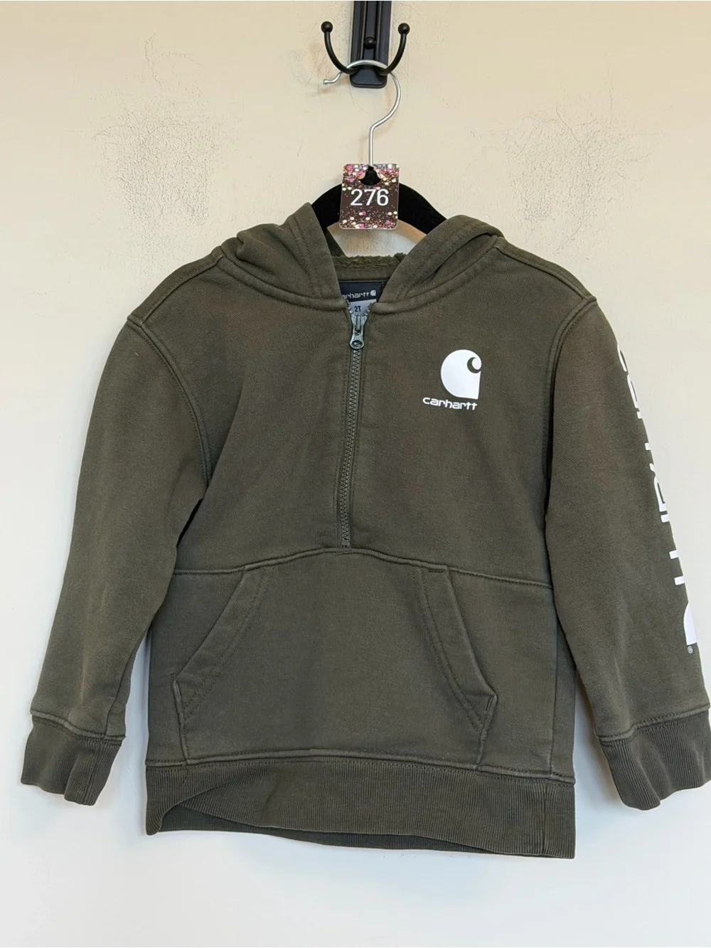 Carhartt Kids 2T Olive Green Half Zip Hoodie Logo Sleeve Workwear Streetwear